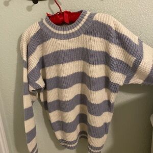 Blue and cream crewneck long sleeve sweater.